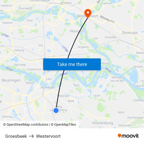 Groesbeek to Westervoort map