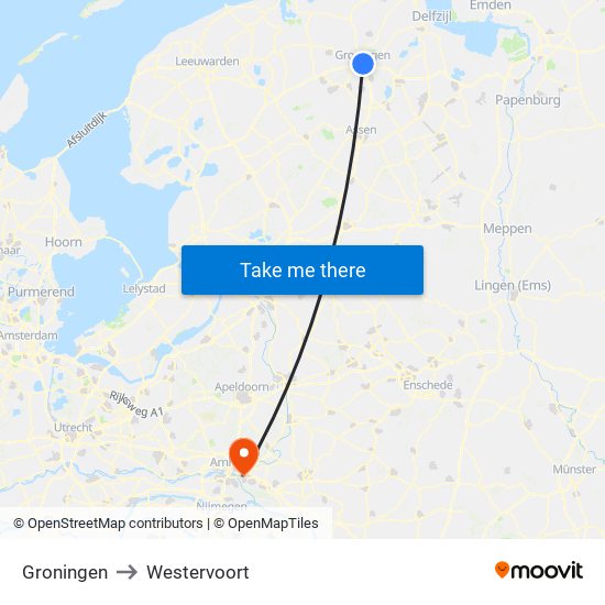 Groningen to Westervoort map