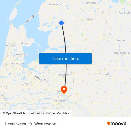 Heerenveen to Westervoort map