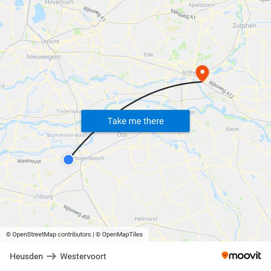 Heusden to Westervoort map