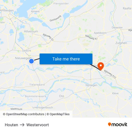 Houten to Westervoort map