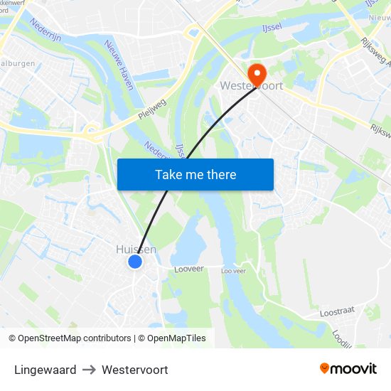 Lingewaard to Westervoort map