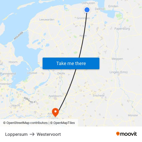 Loppersum to Westervoort map
