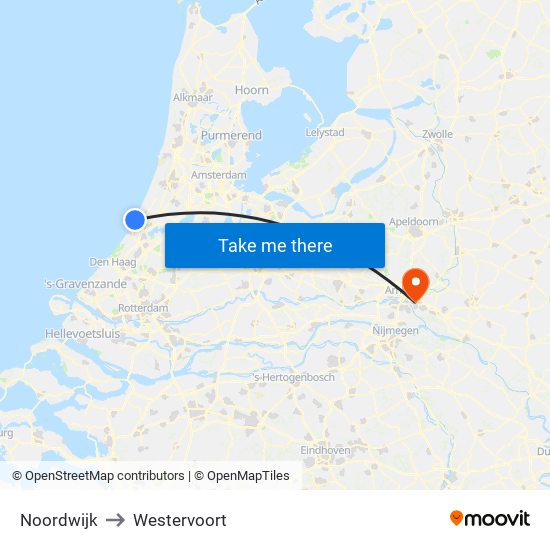 Noordwijk to Westervoort map