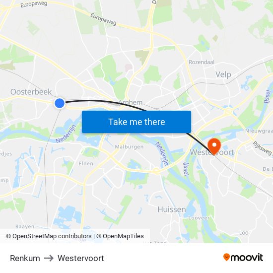 Renkum to Westervoort map