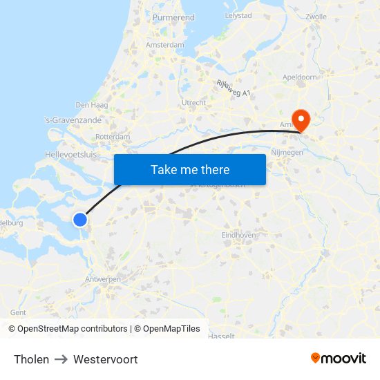 Tholen to Westervoort map