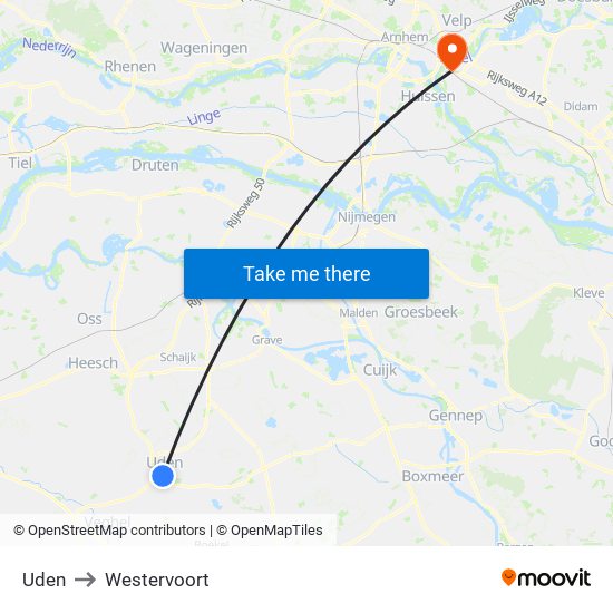 Uden to Westervoort map
