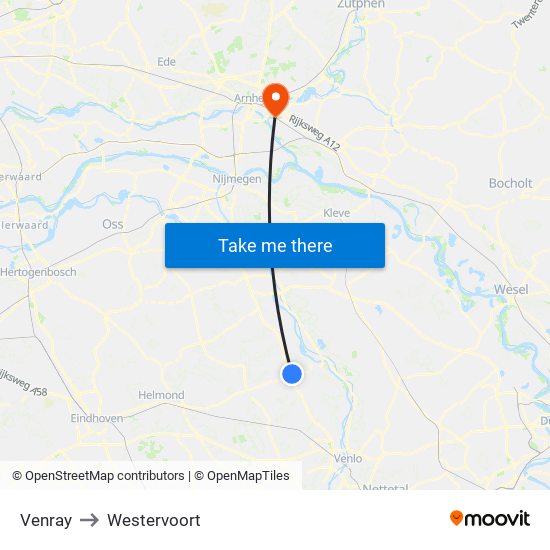 Venray to Westervoort map