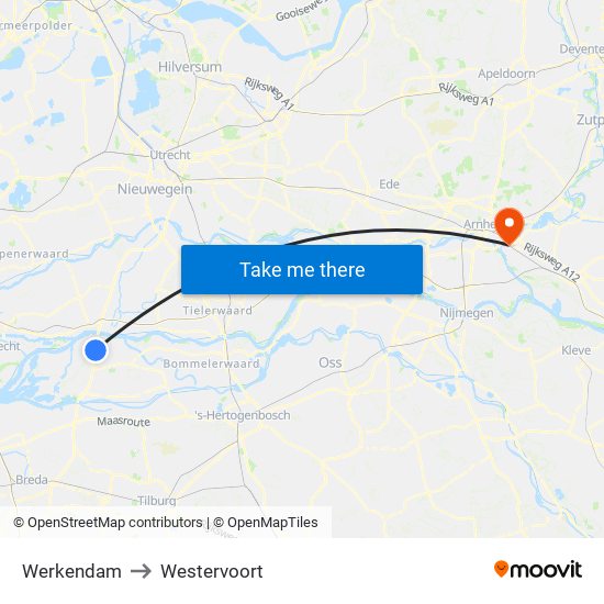 Werkendam to Westervoort map