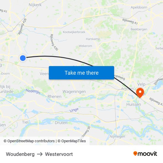 Woudenberg to Westervoort map