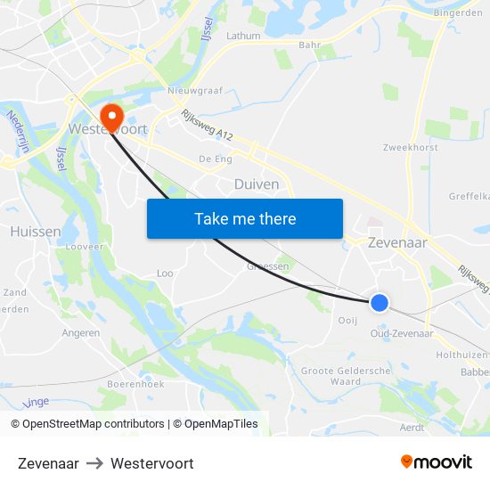 Zevenaar to Westervoort map