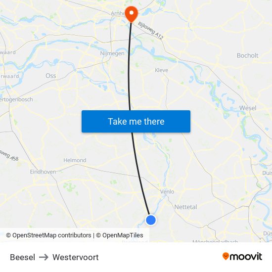 Beesel to Westervoort map