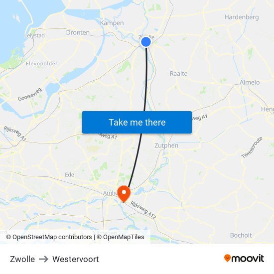 Zwolle to Westervoort map