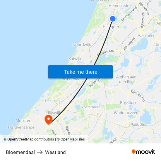 Bloemendaal to Westland map