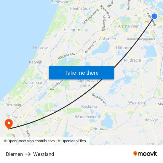 Diemen to Westland map