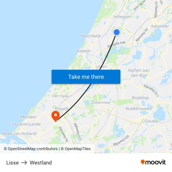 Lisse to Westland map