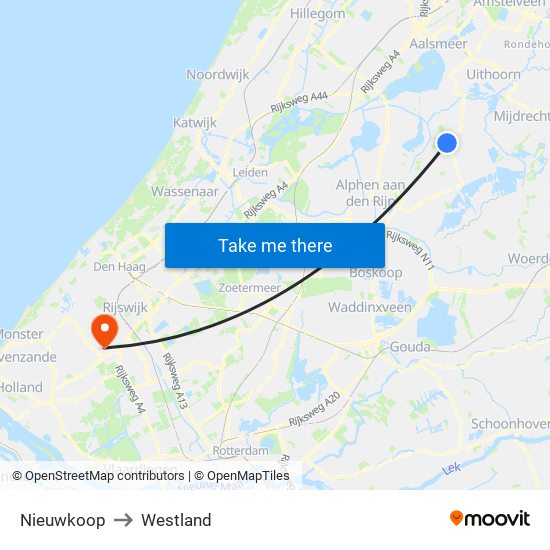 Nieuwkoop to Westland map