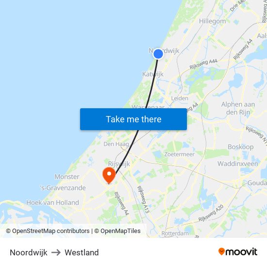 Noordwijk to Westland map