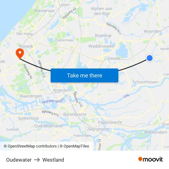 Oudewater to Westland map