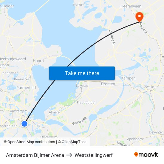 Amsterdam Bijlmer Arena to Weststellingwerf map