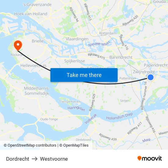 Dordrecht to Westvoorne map