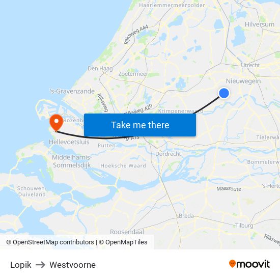 Lopik to Westvoorne map