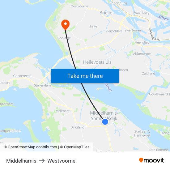 Middelharnis to Westvoorne map