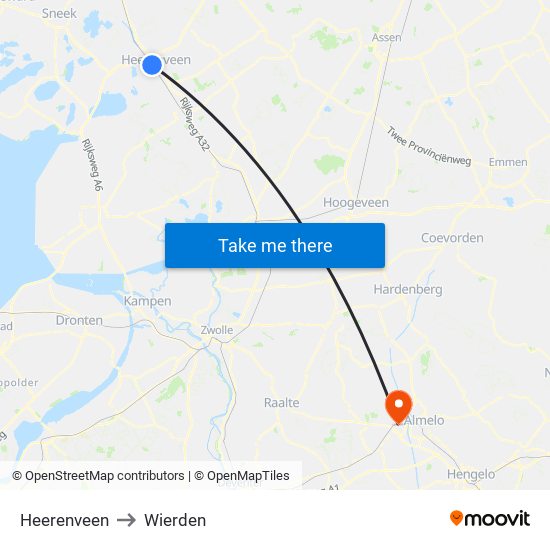Heerenveen to Wierden map