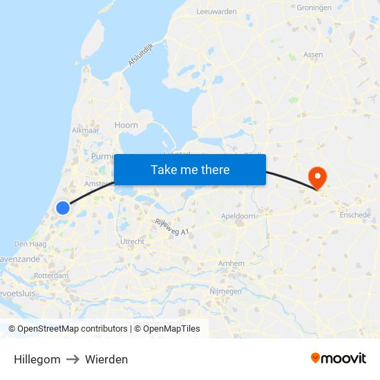 Hillegom to Wierden map