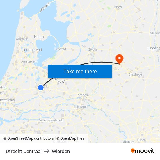 Utrecht Centraal to Wierden map