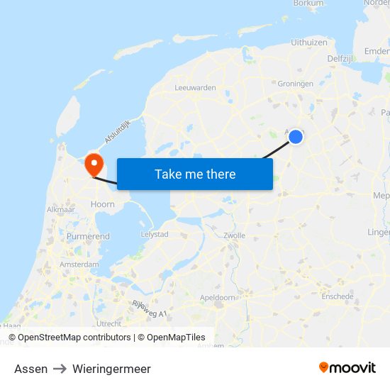 Assen to Wieringermeer map