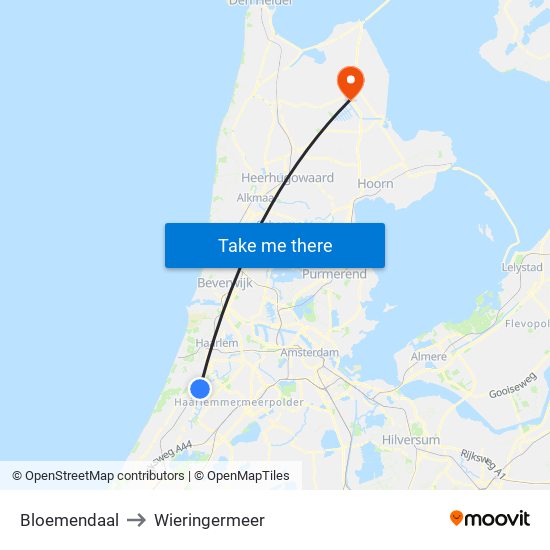 Bloemendaal to Wieringermeer map