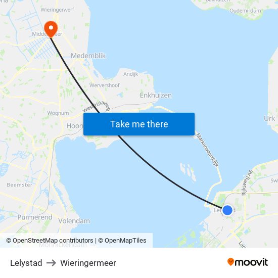 Lelystad to Wieringermeer map