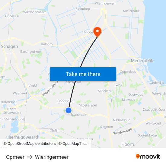 Opmeer to Wieringermeer map