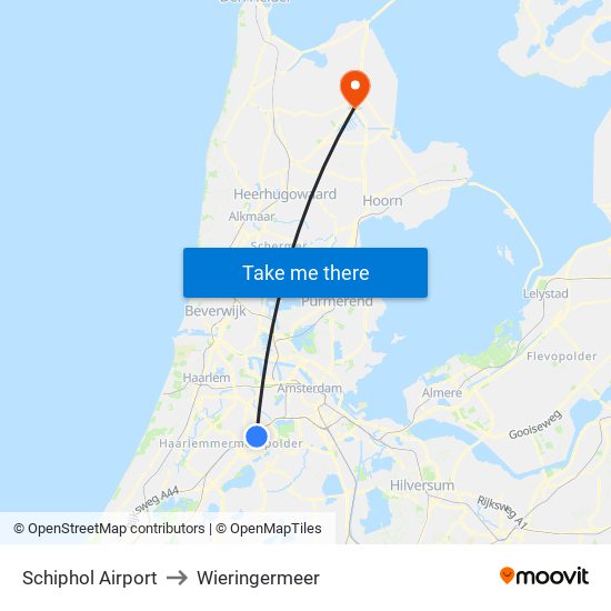 Schiphol Airport to Wieringermeer map