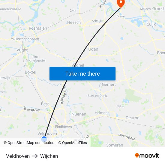 Veldhoven to Wijchen map