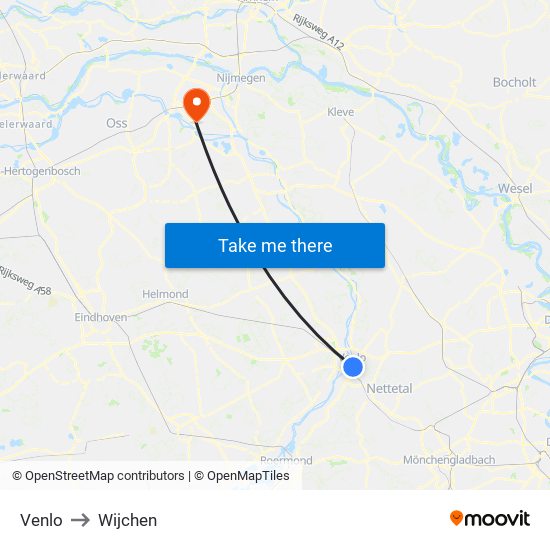 Venlo to Wijchen map