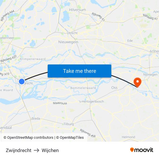 Zwijndrecht to Wijchen map