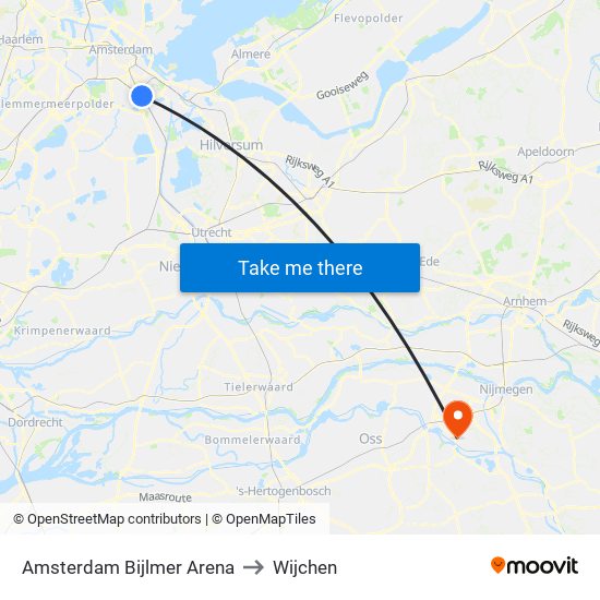 Amsterdam Bijlmer Arena to Wijchen map