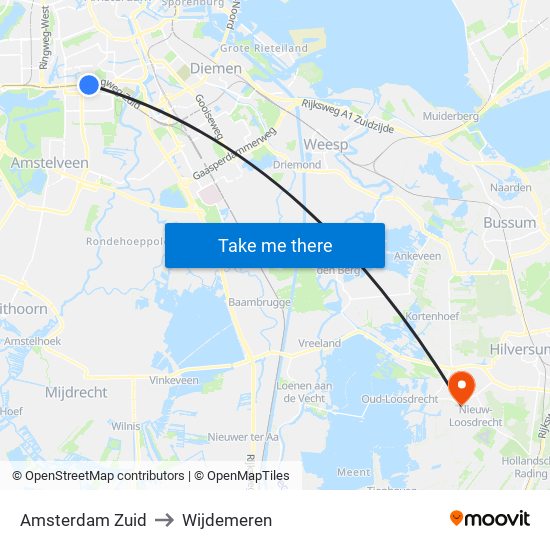 Amsterdam Zuid to Wijdemeren map