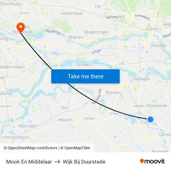 Mook En Middelaar to Wijk Bij Duurstede map