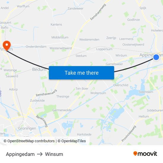 Appingedam to Winsum map