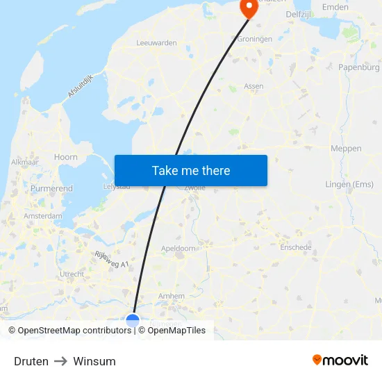 Druten to Winsum map