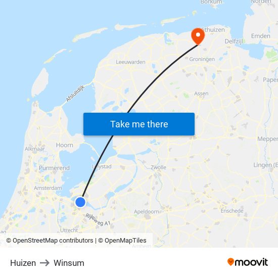 Huizen to Winsum map