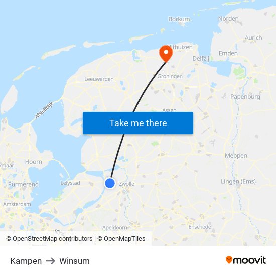 Kampen to Winsum map