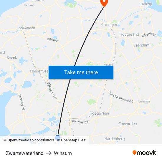 Zwartewaterland to Winsum map