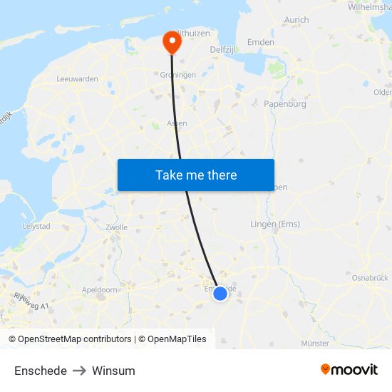 Enschede to Winsum map