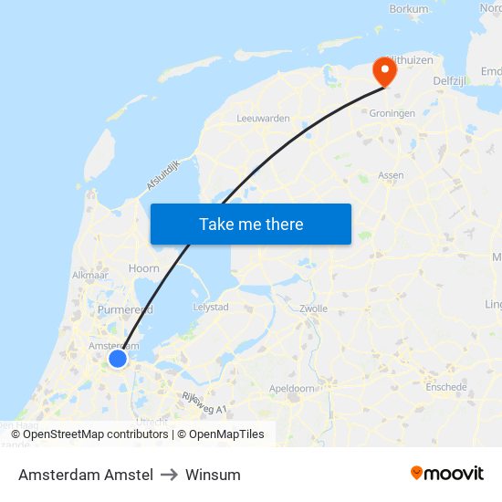 Amsterdam Amstel to Winsum map