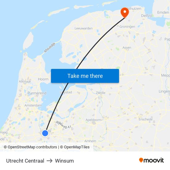 Utrecht Centraal to Winsum map