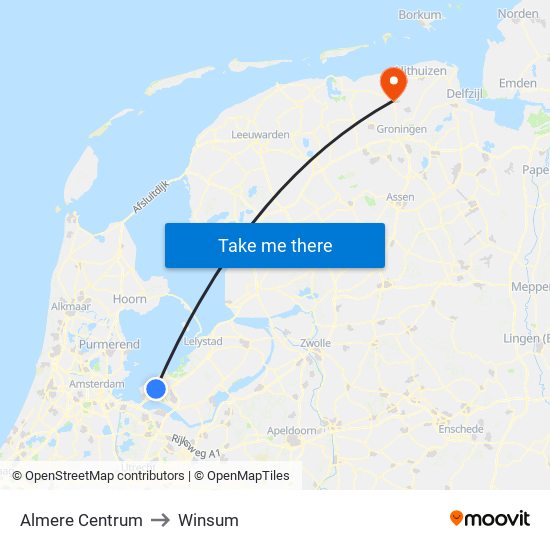 Almere Centrum to Winsum map